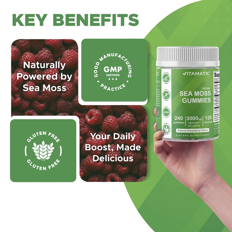 Vitamatic, Веганские жевательные мармеладки с морским мохом, натуральная малина, 240 жевательных таблеток