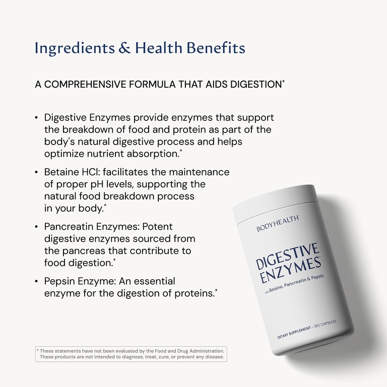 BodyHealth, Пищеварительные ферменты с бетаином, панкреатином и пепсином, 180 капсул