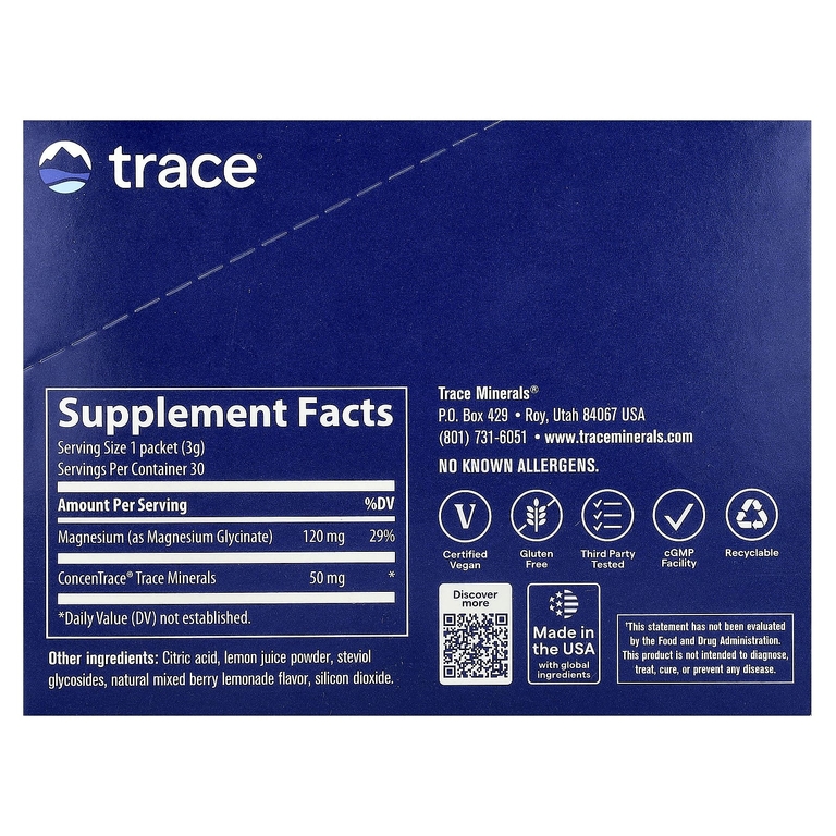 Trace, глицинат магния в порошке, со вкусом ягодного лимонада, 30 пакетиков по 3 г (0,11 унции)