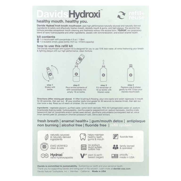 Davids, Refill Kit, жидкость для полоскания рта Fresh Breath, без спирта, натуральная свежая мята, 2 шт.
