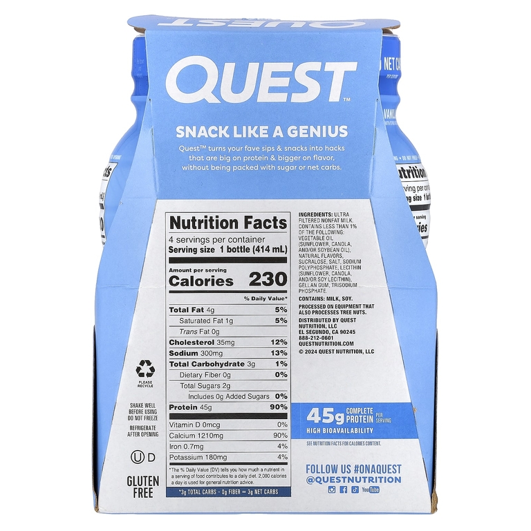 Quest Nutrition, Протеиновый молочный коктейль, ваниль, 4 флакона по 414 мл (14 жидк. Унций)