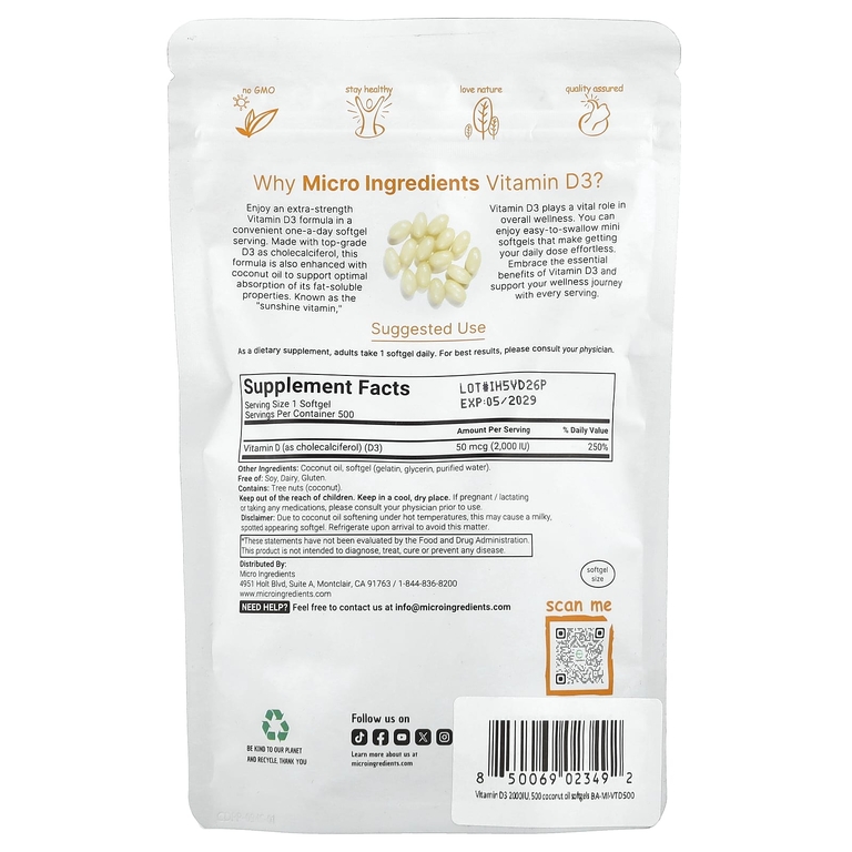 Micro Ingredients, витамин D3, 2000 МЕ, 500 мягких таблеток