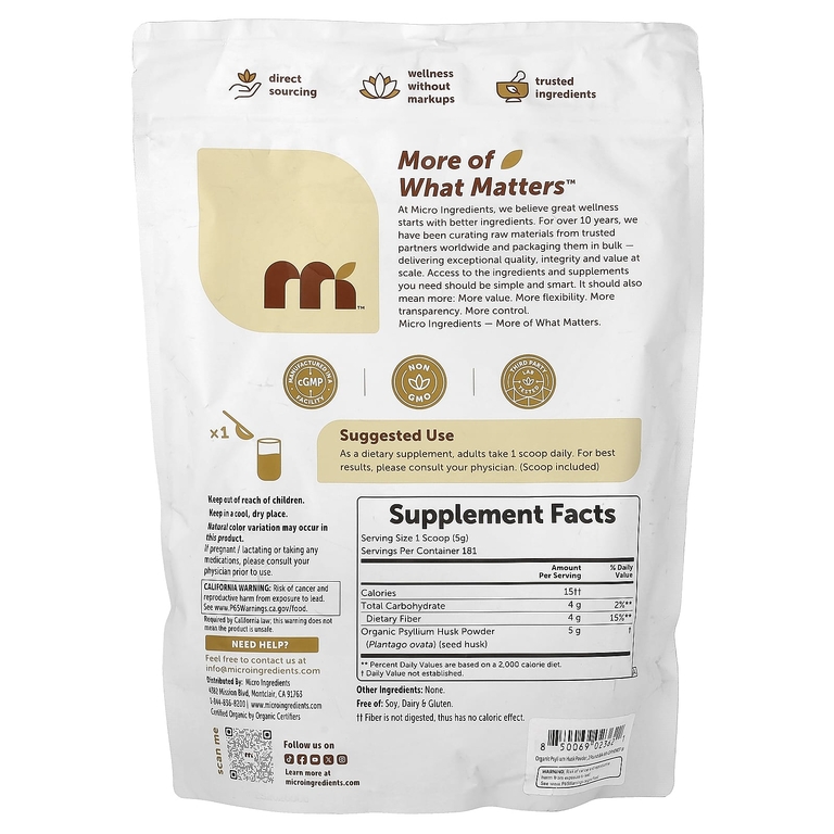 Micro Ingredients, Порошок из органической шелухи семян подорожника, 907 г (2 фунта)