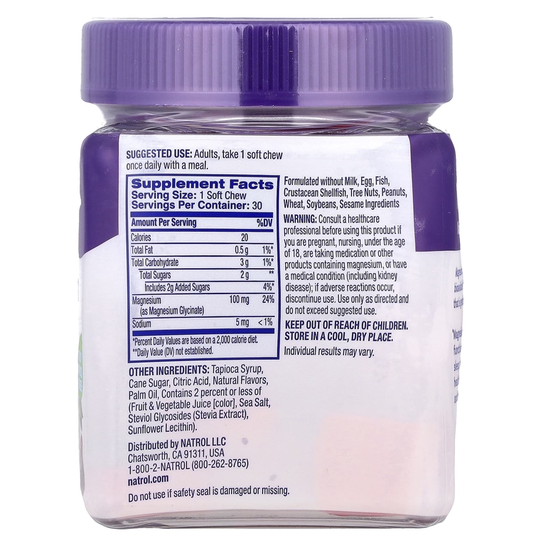 Natrol, Глицинат магния, высокая усвояемость, вишневый лимон, 100 мг, 30 жевательных таблеток (Товар снят с продажи) 