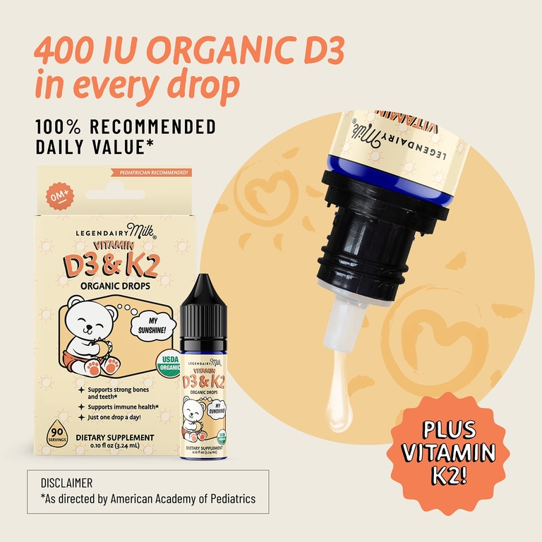Legendairy Milk, органические капли с витаминами D3 и K2, для детей от 0 месяцев, 3,24 мл (0,1 жидк. унции)