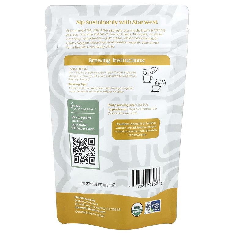 Starwest Botanicals, Органический ромашковый чай, без кофеина, 20 органических чайных пакетиков, 30 г (1,4 унции) (Товар снят с продажи) 