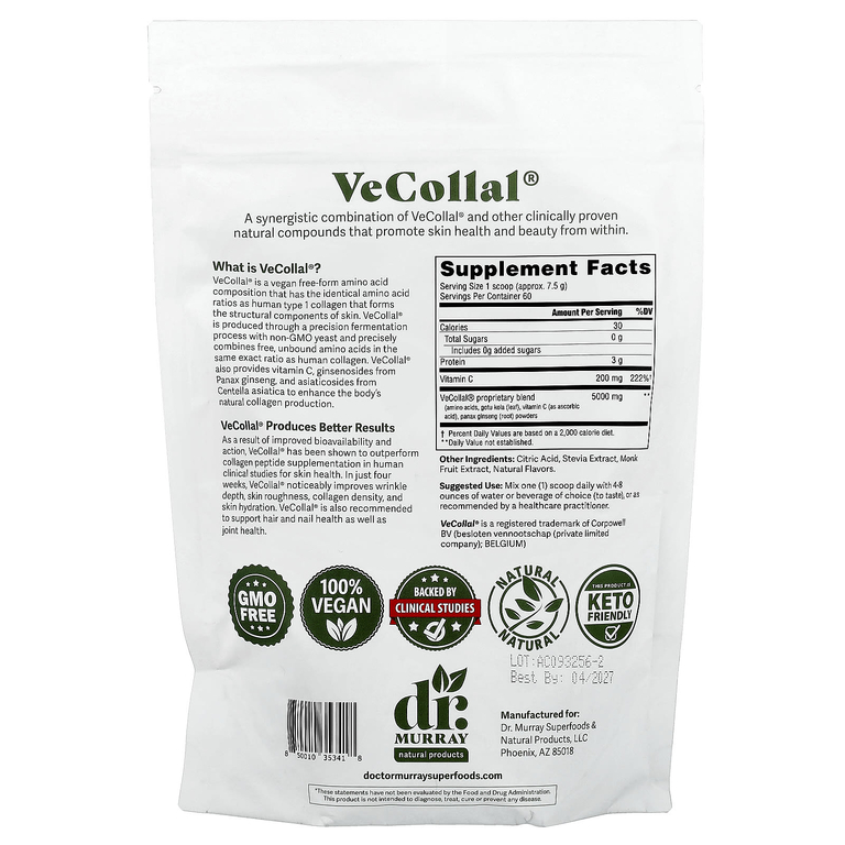 Dr. Murray's, VeCollal®, веганский коллаген типа 1, клубничный крем, 454 г (16 унций)