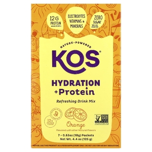 KOS, Hydration + Protein, освежающая смесь для напитков, апельсин, 7 пакетиков по 18 г (0,65 унции) (Товар снят с продажи) 