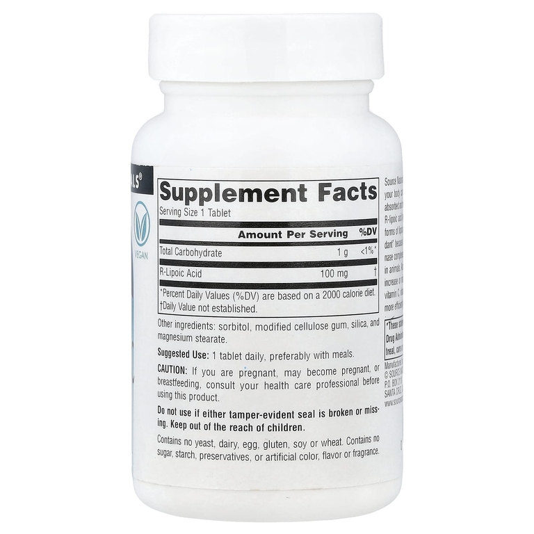 Source Naturals, R-липоевая кислота, 100 мг, 60 таблеток