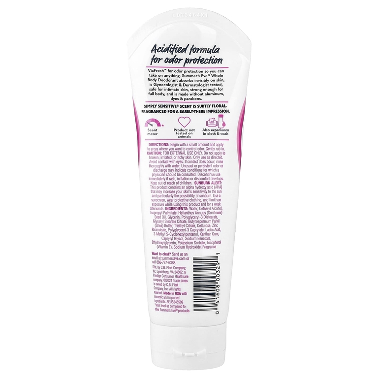 Summer's Eve, Ultimate Odor Protection™, дезодорант для всего тела, Simply Sensitive®, 89 мл (3 жидк. унции)