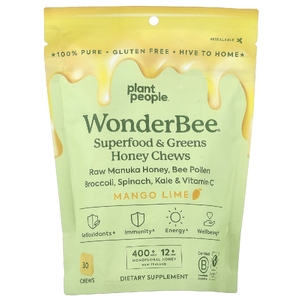 Plant People, WonderBee®, суперфуды, зелень, мед, манго и лайм, 30 жевательных таблеток