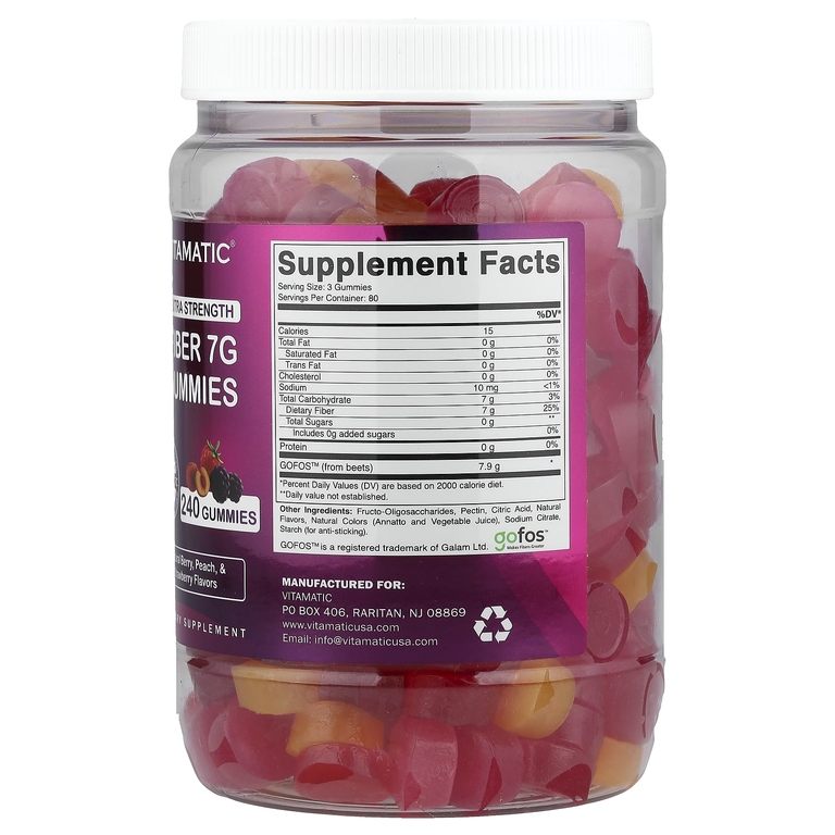 Vitamatic, жевательные мармеладки с клетчаткой, со вкусом натуральных ягод, персика и клубники, 240 жевательных таблеток