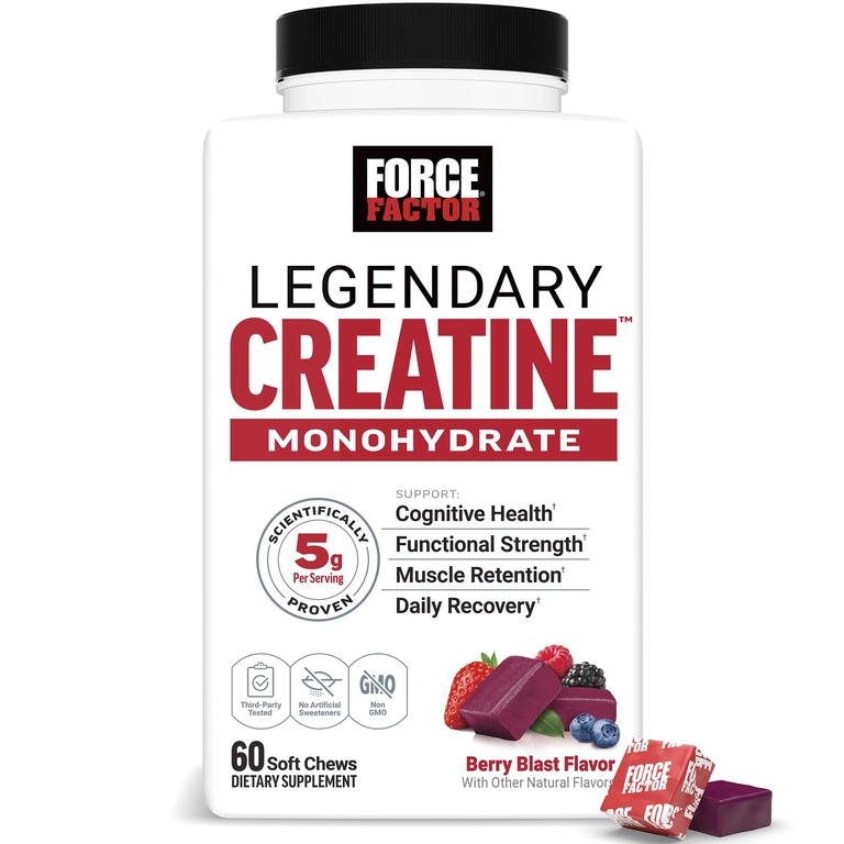 Force Factor, Legendary Creatine™, моногидрат креатина, с ягодным вкусом, 60 жевательных таблеток (2,5 г в 1 жевательной таблетке)
