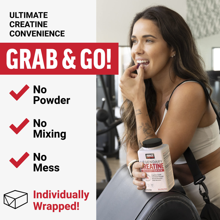 Force Factor, Legendary Creatine™, моногидрат креатина, с ягодным вкусом, 60 жевательных таблеток (2,5 г в 1 жевательной таблетке)