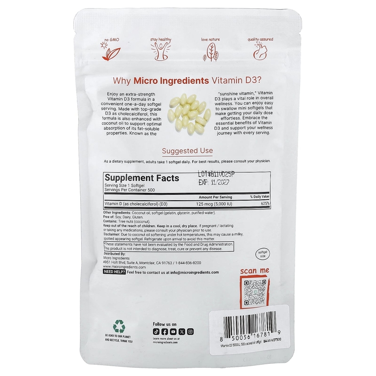 Micro Ingredients, Витамин D3, 5000 МЕ, 500 мягких таблеток