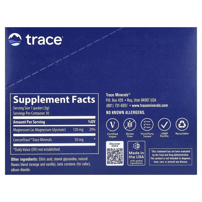 Trace, глицинат магния, в порошке, со вкусом апельсина, 30 пакетиков по 3 г (0,11 унции)