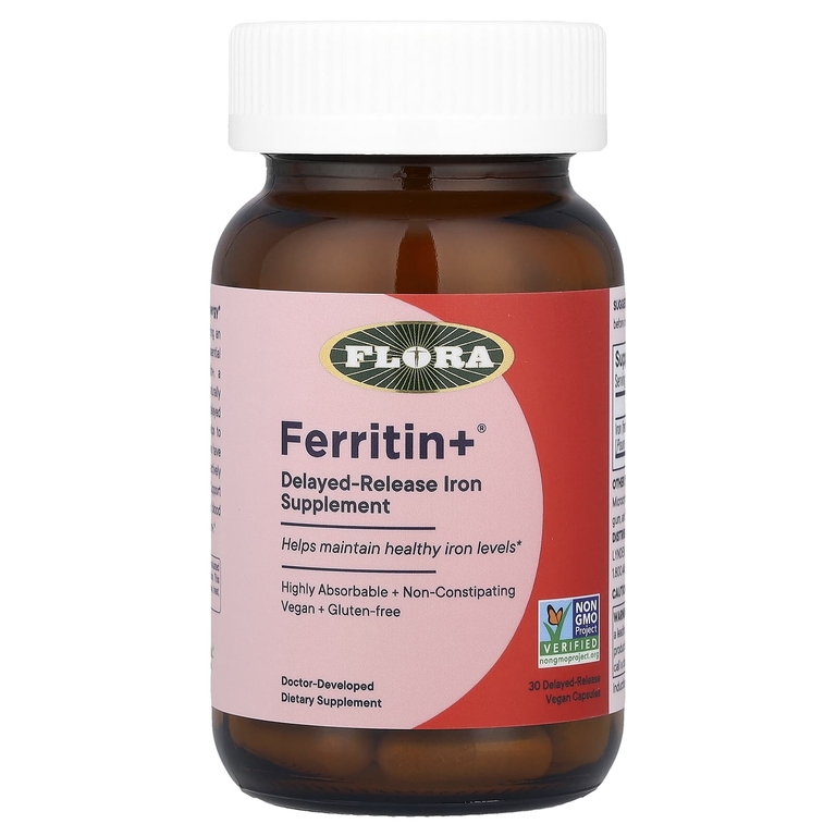 Flora, Ferritin +®, 30 веганских капсул с отсроченным высвобождением (20 мг в 1 капсуле)
