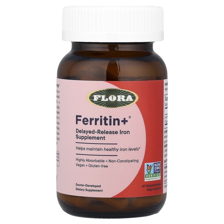 Flora, Ferritin +®, 60 веганских капсул с отсроченным высвобождением (20 мг в 1 капсуле)