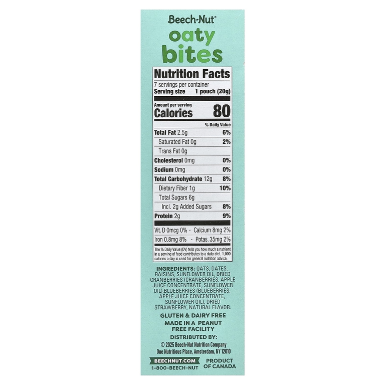 Beech-Nut, Oaty Bites, для малышей с первым прорезыванием зубов, ягодное ассорти, 7 пакетиков по 20 г (0,7 унции)