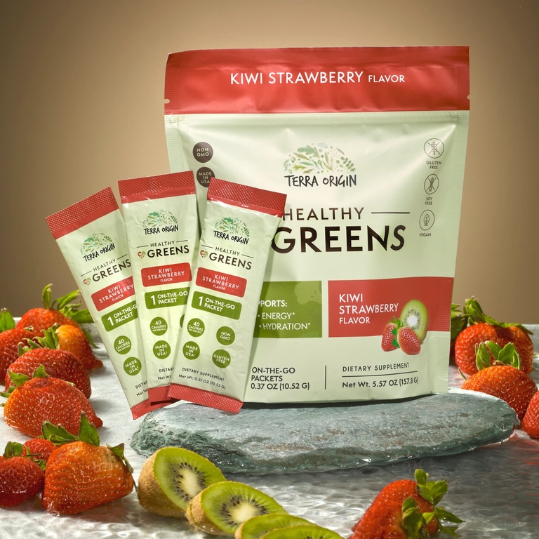 Terra Origin, Healthy Greens, киви и клубника, 15 пакетиков On the Go, 10,52 г (0,37 унции) каждый