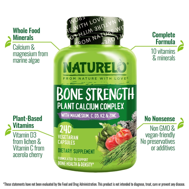 NATURELO, Bone Strength, комплекс растительного кальция, 240 вегетарианских капсул