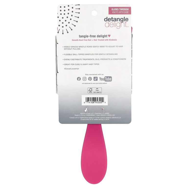 Conair, Detangle Delight™, расческа для вьющихся и волнистых волос, розовый, 1 шт.