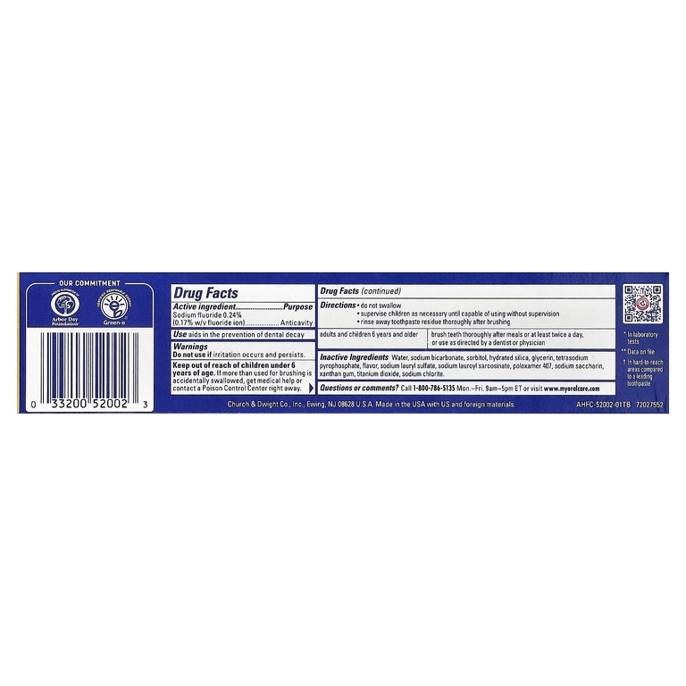 Arm & Hammer, TheraBreath™, освежитель дыхания, зубная паста с фторидом против кариеса, отбеливающая, бодрящая, холодная мята, 156 г (5,5 унции)