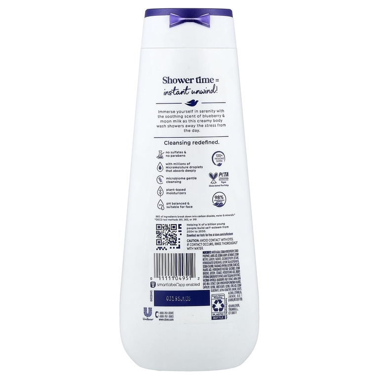 Dove, Unwind, гель для душа, голубика + Moon Milk, 590 мл