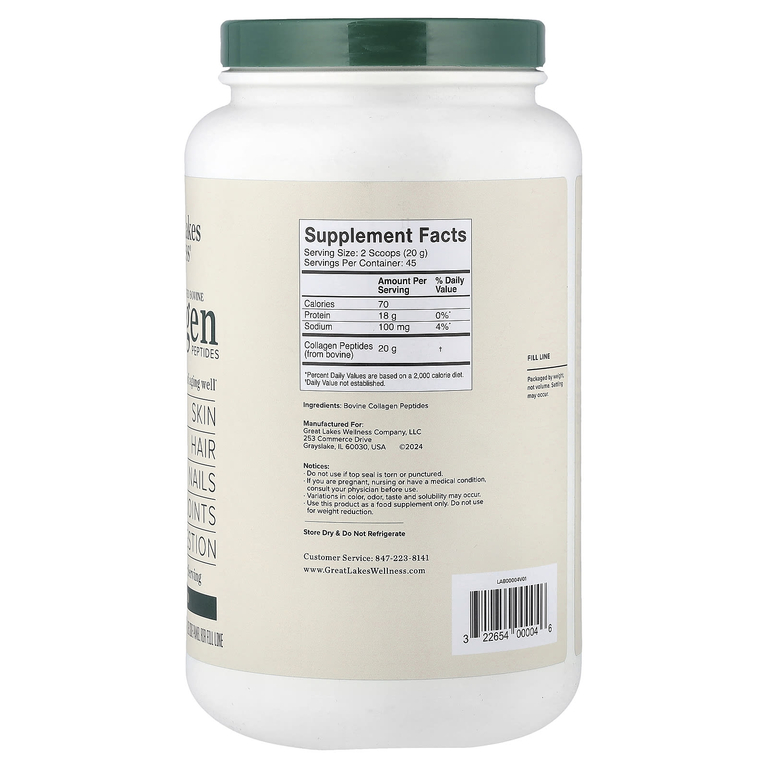 Great Lakes Wellness, пептиды бычьего коллагена от животных травяного откорма, без вкусовых добавок, 907 г (32 унции)