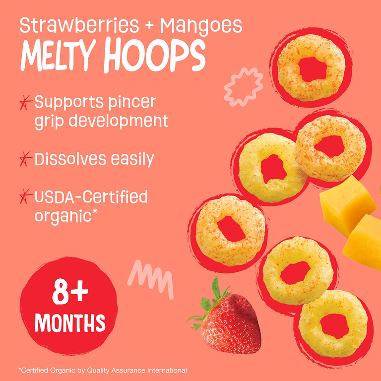 Earth's Best, органический Melty Hoops, кукурузный снек, для детей от 8 месяцев, клубника и манго, 4 порционных упаковки по 9 г (0,32 унции)