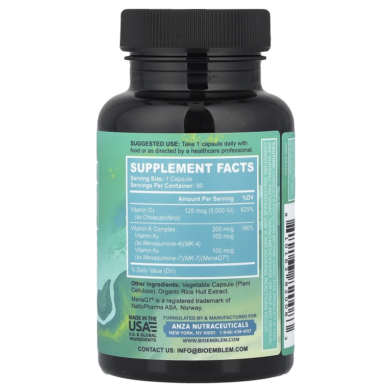 BioEmblem, витамины D3 и К2, 90 растительных капсул