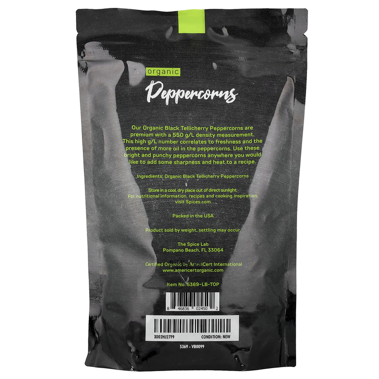 The Spice Lab, Organic Pantry, органический перец горошком, цельный, 453 г (16 унций)