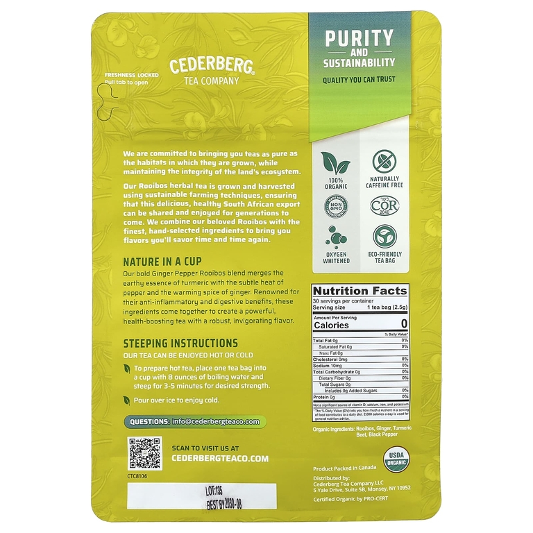 Cederberg Tea Co, ройбуш с имбирем, перцем и куркумой, без кофеина, 75 г (2,6 унции)
