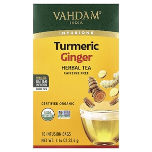 Vahdam Teas, Infusions, травяной чай, куркума и имбирь, без кофеина, 18 пакетиков для заваривания, 32,4 г (1,14 унции) (Товар снят с продажи) 