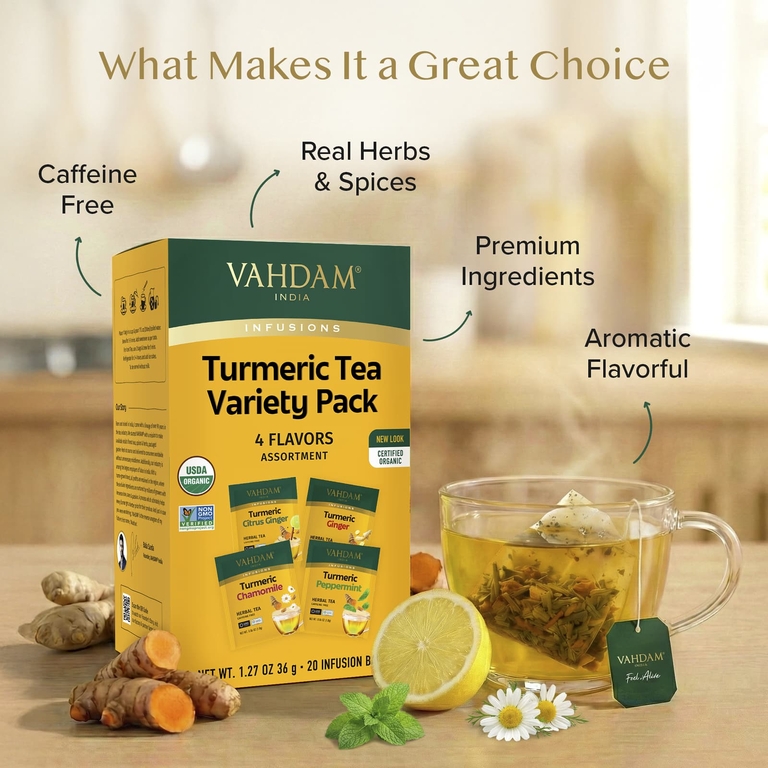 Vahdam Teas, Infusions, травяной чай, набор из куркумы, без кофеина, 20 пакетиков для заваривания, 36 г (1,27 унции)