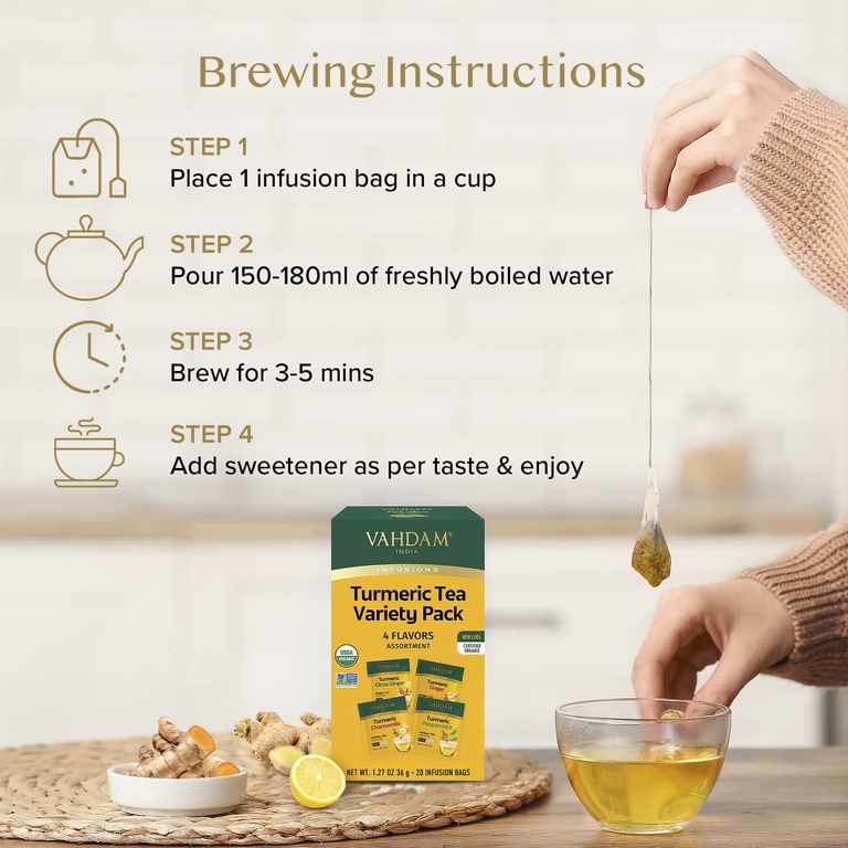 Vahdam Teas, Infusions, травяной чай, набор из куркумы, без кофеина, 20 пакетиков для заваривания, 36 г (1,27 унции)