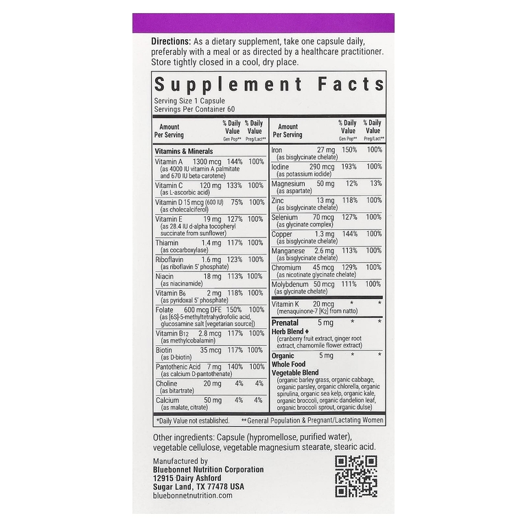Bluebonnet Nutrition, Ladies' One®, пренатальный комплекс, 60 растительных капсул (Товар снят с продажи) 