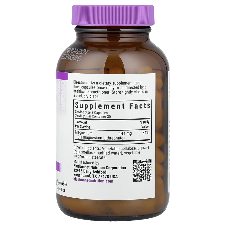 Bluebonnet Nutrition, Magtein® L-треонат магния, 90 растительных капсул (48 мг в 1 капсуле)
