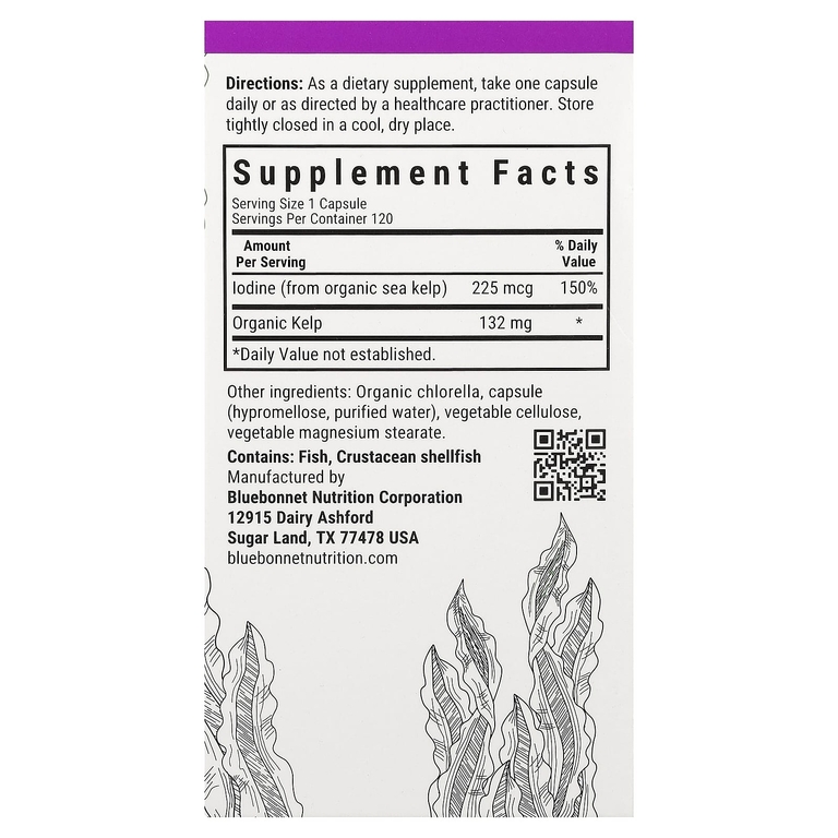 Bluebonnet Nutrition, йод из бурых водорослей атлантических морских водорослей, 225 мкг, 120 растительных капсул