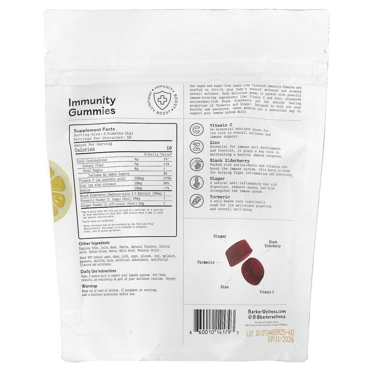 Barker Wellness Co, жевательные таблетки для поддержки иммунитета, со вкусом лимона и лайма, 60 жевательных таблеток