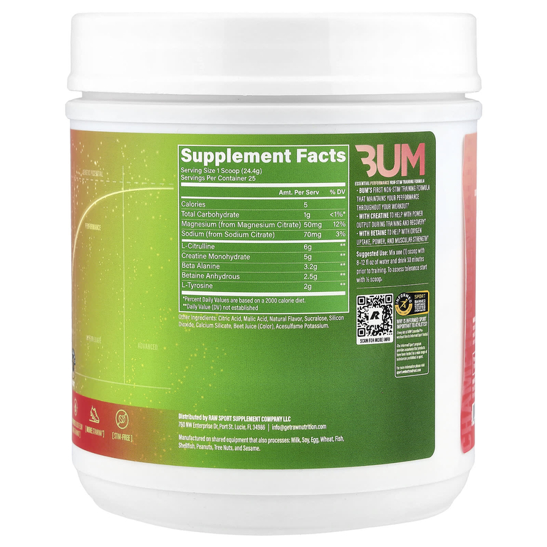 Raw Nutrition, Bum Essentials, Essential Performance, формула для тренировки без стимуляторов, со вкусом клубники и киви, 610 г (21,52 унции)