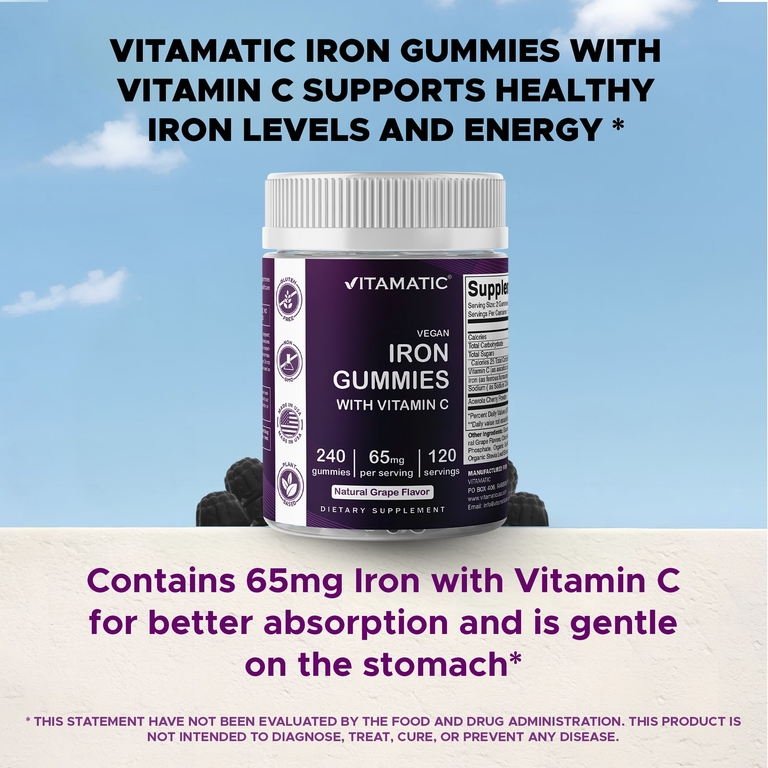 Vitamatic, веганские жевательные таблетки с железом с витамином C, со вкусом винограда, 240 жевательных таблеток