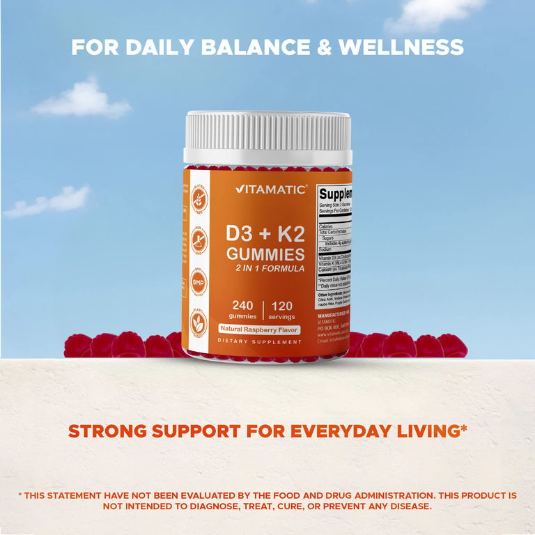 Vitamatic, D3 и K2, жевательные таблетки, со вкусом натуральной малины, 240 жевательных таблеток