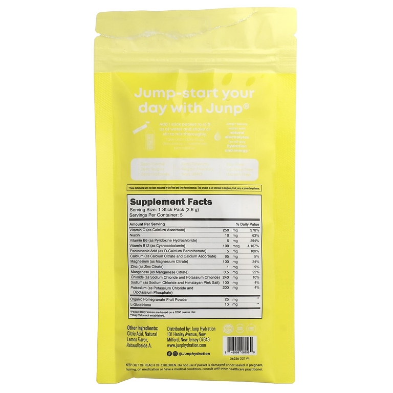 JUNP Hydration, электролитная порошковая смесь, со вкусом лимона, 5 пакетиков по 3,6 г (0,13 унции) (Товар снят с продажи) 