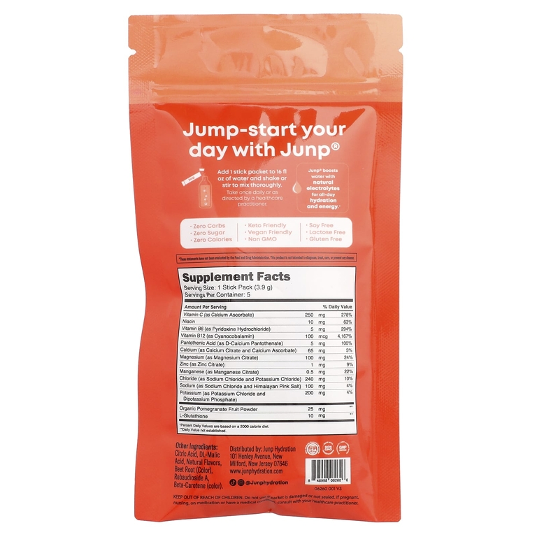 JUNP Hydration, электролитная порошковая смесь, персик, 5 пакетиков по 3,9 г (0,14 унции) (Товар снят с продажи) 
