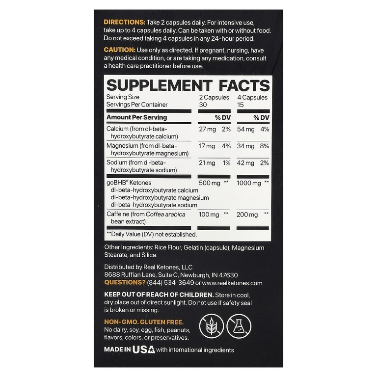 Real Ketones, кетоновый сжигатель жира, кетоны с кофеином goBHB®, 60 капсул