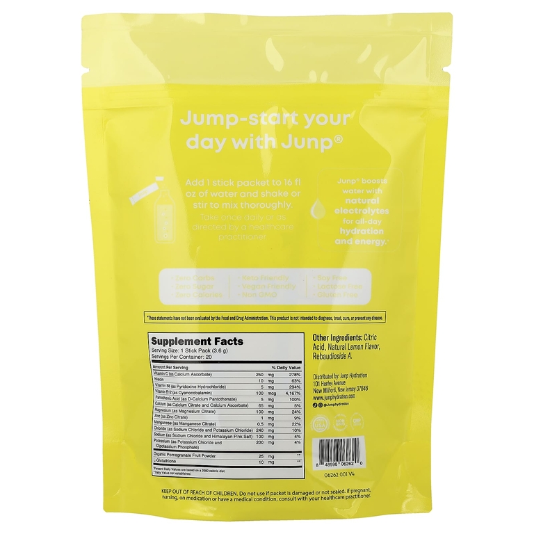 JUNP Hydration, электролитная порошковая смесь, со вкусом лимона, 20 пакетиков по 3,6 г (0,13 унции)