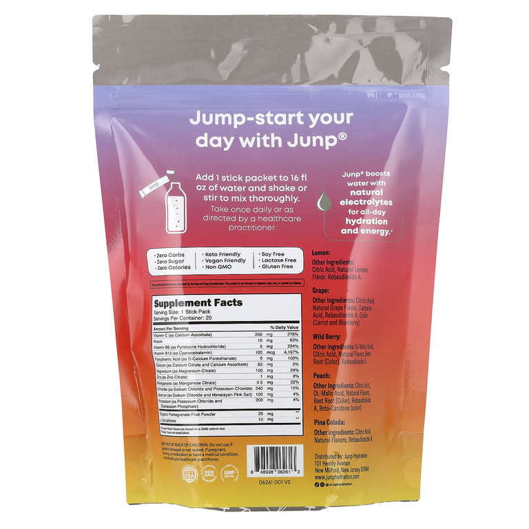 JUNP Hydration, электролитная порошковая смесь, в разных упаковках, 20 упаковок, 75,6 г (2,68 унции)