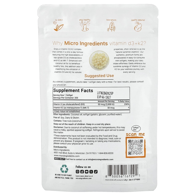Micro Ingredients, витамины D3 и K2, 300 мягких таблеток