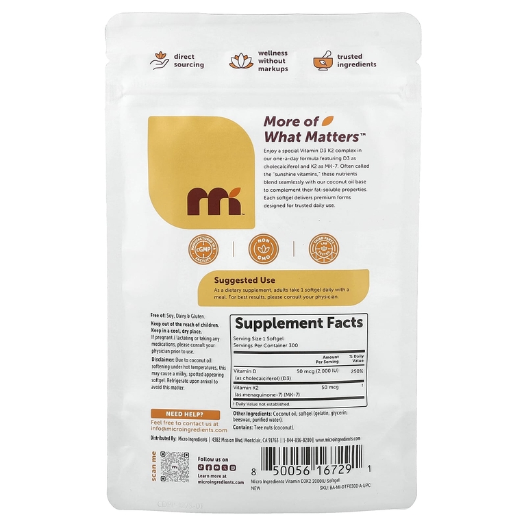 Micro Ingredients, витамины D3 и K2, 300 мягких таблеток